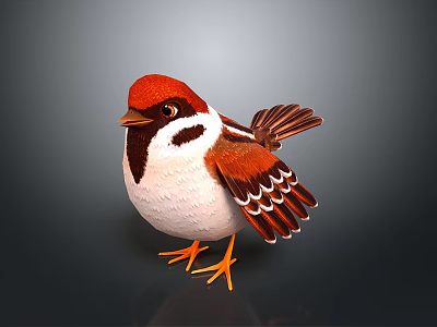 Small Bird In Standing Pose With Red Head Brown And White Feathers And Orange Claws 3d model