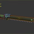 Green And Yellow Chainsaw Weapon With Eagle Emblem And Serrated Blade Mechanical Design