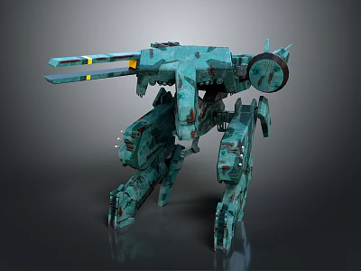 Green Mechanical Robot Character With Four Legs And Weaponized Worn Metal Structure 3d model