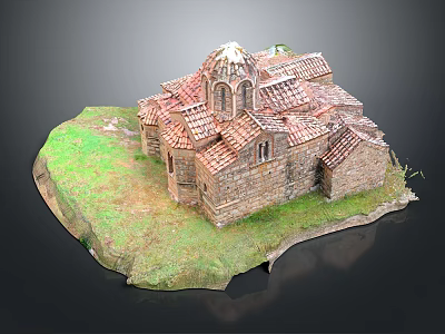 Ancient Stone Building With Red Tiled Roof Dome And Grass Surroundings 3d model