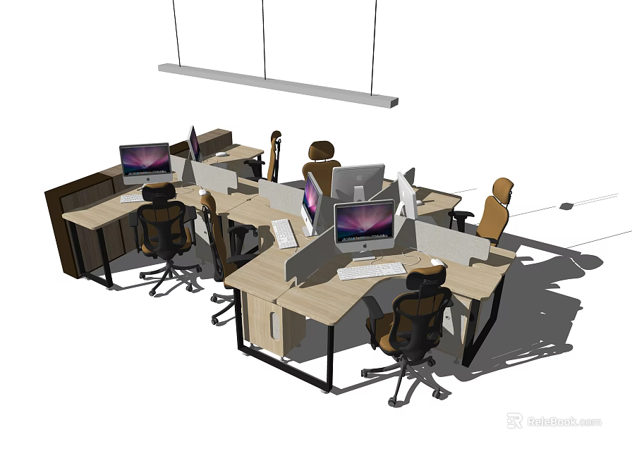 Modern Open Plan Office Desks With Computers Monitors And Ergonomic Chairs 3d model