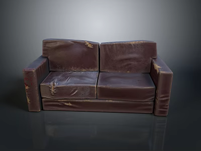 Worn Dark Brown Leather Single Sofa with Tattered Seats and Armrests 3d model