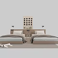 Modern Single Beds With Bedside Lamps Geometric Wall Art And Soft Rug Bedding