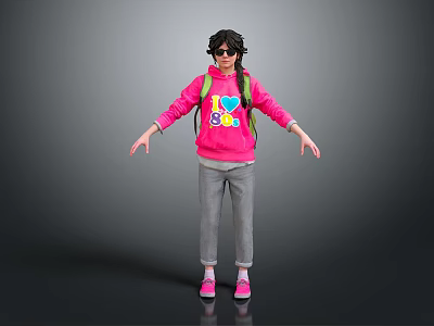 Woman in Pink Hoodie with Colorful Heart 80s Print Green Backpack Gray Pants Pink Shoes 3d model