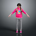 Woman in Pink Hoodie with Colorful Heart 80s Print Green Backpack Gray Pants Pink Shoes
