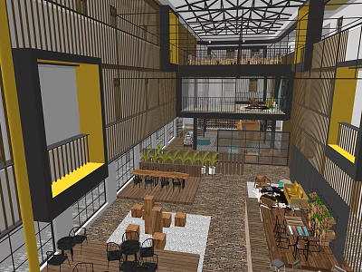 Modern Hotel Lobby Interior With Two Story Metal Frame Ceiling Open Space And Green Plants 3d model