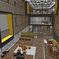 Modern Hotel Lobby Interior With Two Story Metal Frame Ceiling Open Space And Green Plants