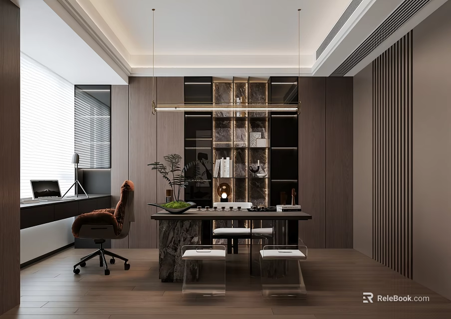 Modern Study Room Interior Design With Wooden Desk Ergonomic Chair Integrated Bookshelves And Natural Light 3d model 
