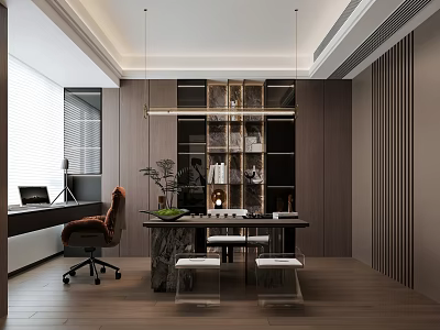 Modern Study Room Interior Design With Wooden Desk Ergonomic Chair Integrated Bookshelves And Natural Light 3d model