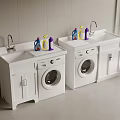 Modern Laundry Room With White Cabinets Washing Machines And Detergent Bottles