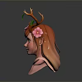 3D Woman Head Sculpture With Deer Antlers Pink Flowers And Green Leaves