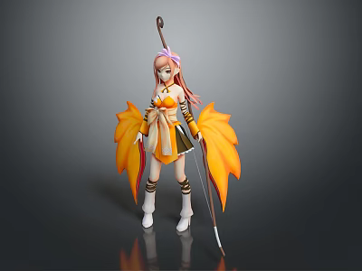 Game Movie Character With Pink Hair Yellow White Outfit Holding Long Staff And Maple Leaf Wings 3d model