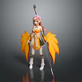Game Movie Character With Pink Hair Yellow White Outfit Holding Long Staff And Maple Leaf Wings
