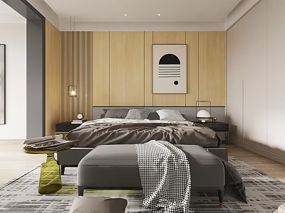 Modern Bedroom Interior With Wooden Wall Panels Abstract Artwork And Bedside Bench 3d model