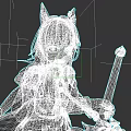 Game and Movie Character With Cat Ears Long Black Hair White Top Blue Gloves Holding Staff