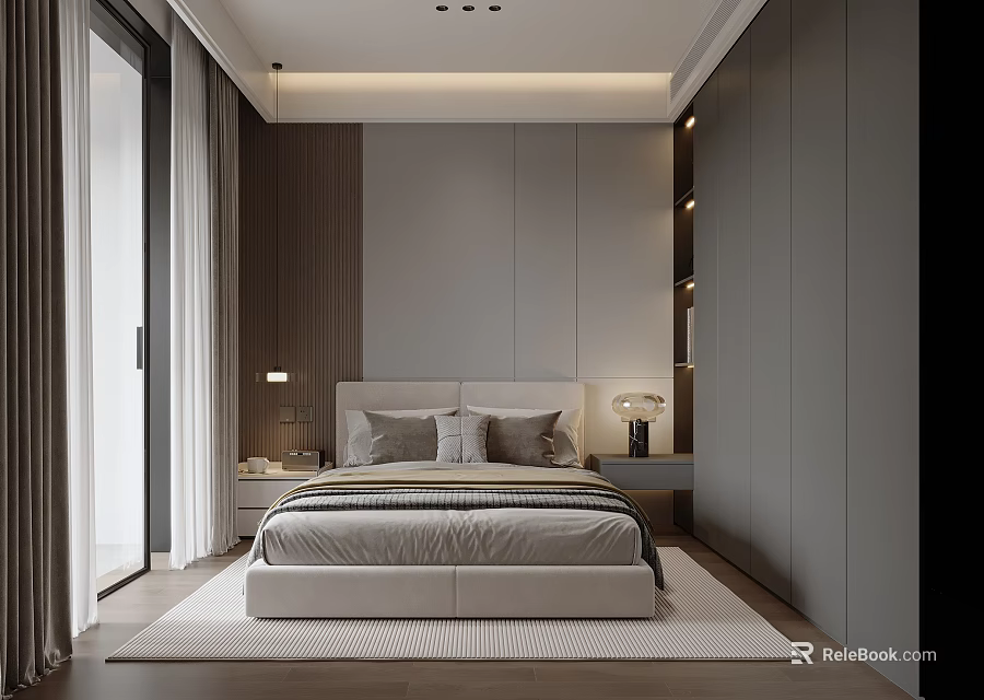 Modern Bedroom Interior With Bed Wooden Headboard Nightstands Wardrobes And Floor to Ceiling Windows 3d model 