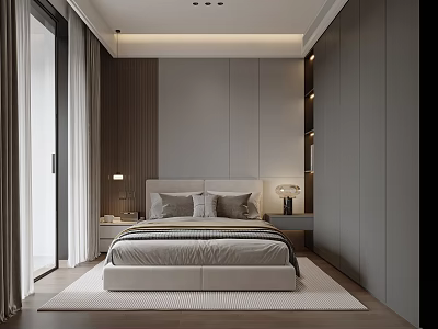 Modern Bedroom Interior With Bed Wooden Headboard Nightstands Wardrobes And Floor to Ceiling Windows 3d model