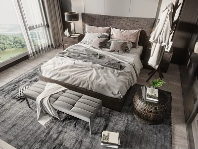 Stylish Double Bed with Headboard Pillows Bedspread Nightstand Lamp and Scenic Window View 3d model