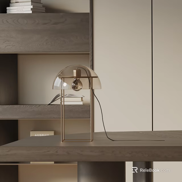 Modern Table Lamp With Golden Metal Frame And Transparent Shade On Wooden Table Near Shelf 3d model 