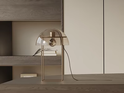 Modern Table Lamp With Golden Metal Frame And Transparent Shade On Wooden Table Near Shelf 3d model
