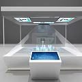 Tobacco and Liquor Store With Transparent Cabinets Blue Glowing Countertop Lighting Shelves And Tech Feel