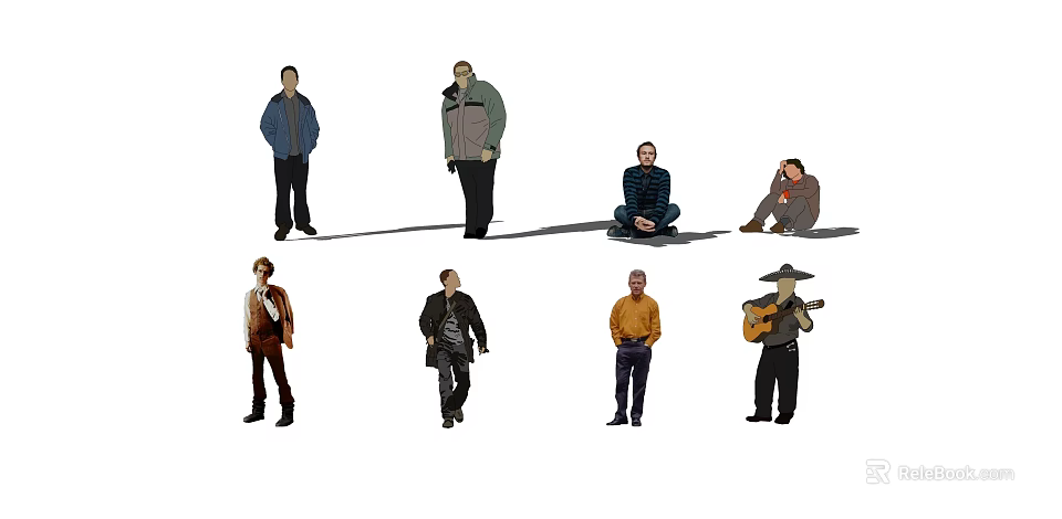 Group of People in Different Postures Standing Sitting with Various Clothing and Guitar 3d model 