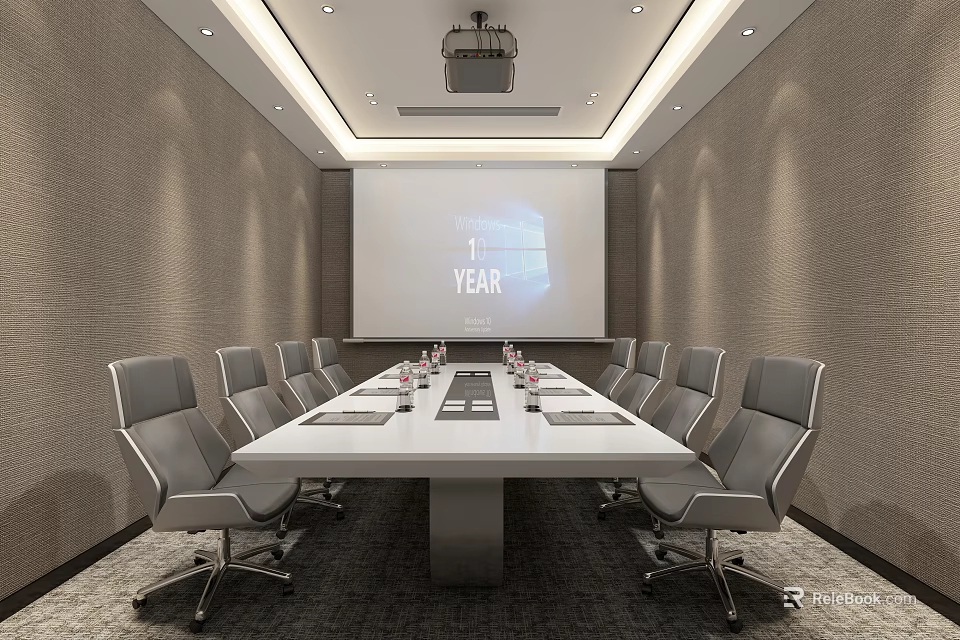 Modern Conference Room Interior With Long Table Gray Chairs And Projection Screen 3d model