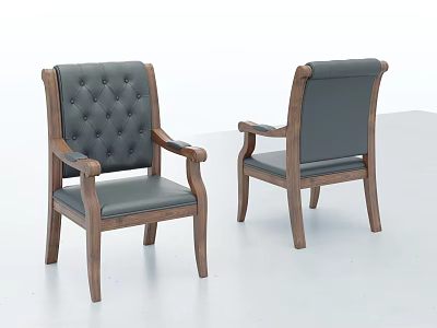 Gray Leather Office Chair With Wooden Frame And Tufted Backrest Armrests 3d model