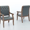 Gray Leather Office Chair With Wooden Frame And Tufted Backrest Armrests