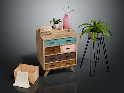Wooden Dresser with Colorful Drawers Plant Stand Green Plant Vase Book and Wooden Box Towel 3d model