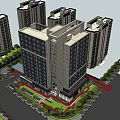 Hotel Building With Glass Facade Overlooking Garden Lawn And Trees