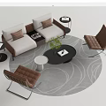 Modern Beige Brown Sofa with Round Black Coffee Table and Gray Patterned Rug Armchairs 3d model
