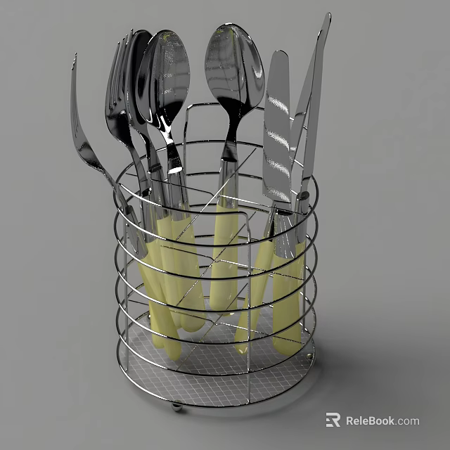 Stainless Steel Cutlery Set with Yellow Handles in Metal Holder 3d model 