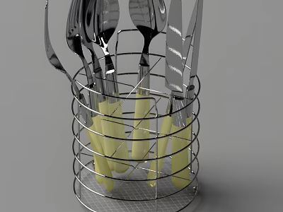 Stainless Steel Cutlery Set with Yellow Handles in Metal Holder 3d model