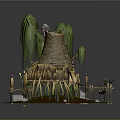 Cartoon Treehouse Scene With Willow Trees Wooden Bridge And Decorative Plants