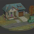 Cute Cartoon Miniature Scene with Blue Roof House Green Car and Yellow Leaf Tree