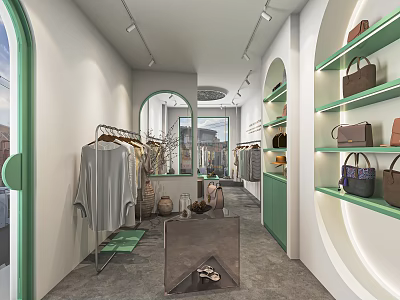 Modern Clothing Store Interior With Hanging Apparel Green Shelves Bags Shoes And Mirrors 3d model