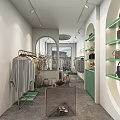 Modern Clothing Store Interior With Hanging Apparel Green Shelves Bags Shoes And Mirrors