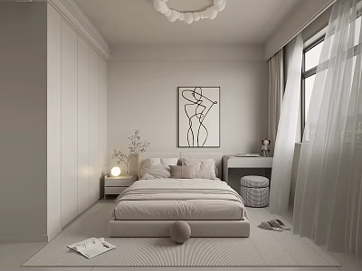 Modern Minimalist Bedroom Interior With Platform Bed Nightstand Table Lamp Line Art And Sheer Curtains 3d model