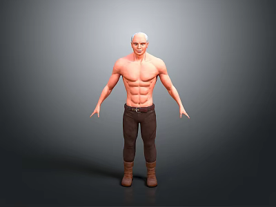 A Muscular Shirtless Man With Defined Abs Short Hair Brown Pants And Brown Boots 3d model