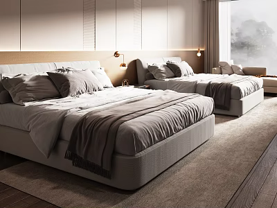 Modern Hotel Guest Room Interior With Two Double Beds Bedside Lamps And Cozy Carpet 3d model