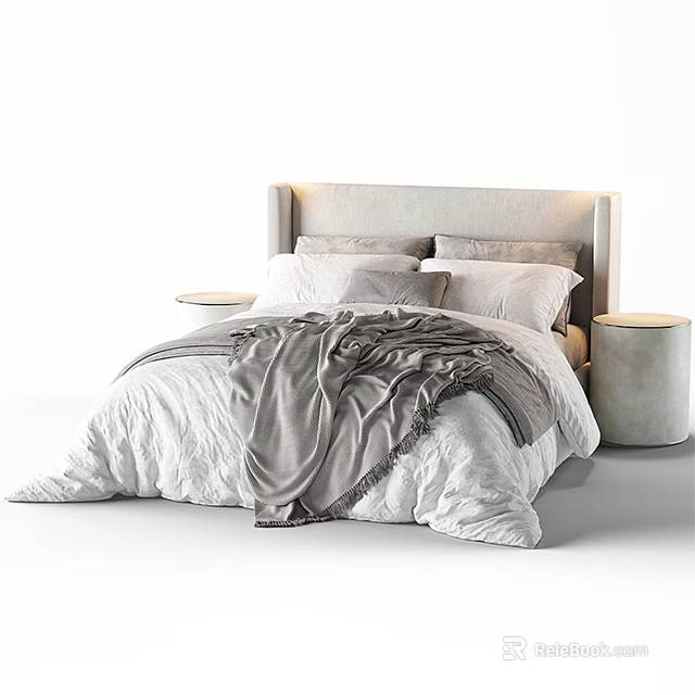 Modern Minimalist Double Bed with Light Headboard White Quilt and Round Nightstands 3d model 