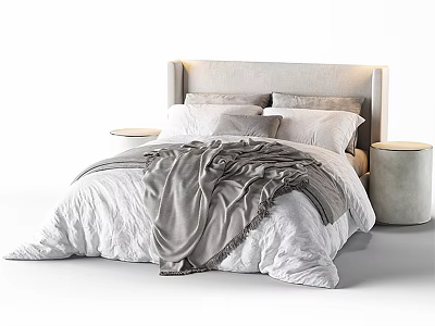 Modern Minimalist Double Bed with Light Headboard White Quilt and Round Nightstands 3d model
