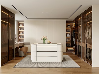 Modern Walk in Closet Interior With Glass Panel Doors Cabinets Central Dressing Table And Recessed Lighting 3d model