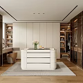 Modern Walk in Closet Interior With Glass Panel Doors Cabinets Central Dressing Table And Recessed Lighting
