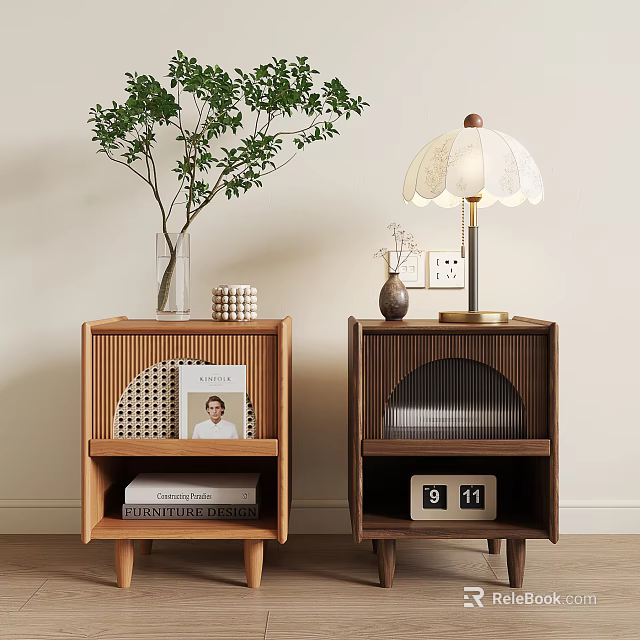 Modern Wooden Nightstands With Green Plant Vase Table Lamp Books And Clock 3d model 