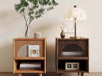 Modern Wooden Nightstands With Green Plant Vase Table Lamp Books And Clock 3d model