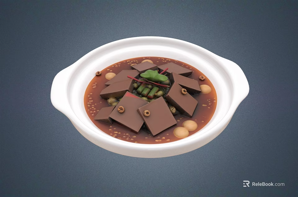 Dark Cube Tofu in Brown Sauce with Green Scallions and Beans in White Bowl 3d model 
