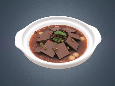 Dark Cube Tofu in Brown Sauce with Green Scallions and Beans in White Bowl 3d model