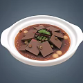 Dark Cube Tofu in Brown Sauce with Green Scallions and Beans in White Bowl
